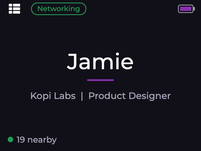 Jamie's badge after check-in: Kopi Labs, Product Designer, Networking, 19 nearby