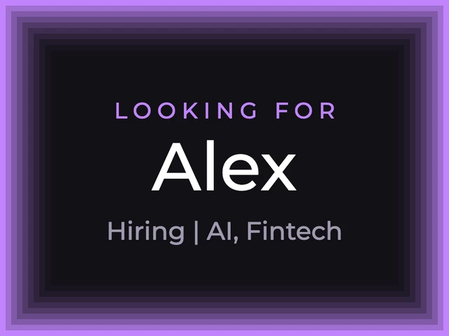 Jamie's badge glowing purple: Looking for Alex, hiring, AI and fintech